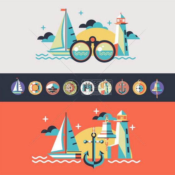 平风格的矢量插图帆船,灯塔,指南针矩形矢量图标船长帽,双目,船钟,救生圈,车轮图片