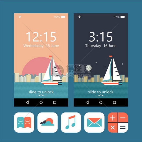 帆船游艇夜间白天城市景观的背景下你手机的壁纸矢量图标图片