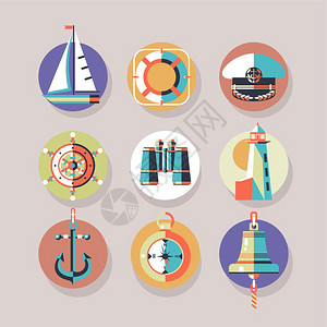 海上游艇上散步矢量图标其他的海洋游艇,指南针,望远镜,灯塔,船钟,船轮,船长,救生圈图片