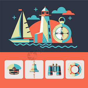 平风格的矢量插图帆船,灯塔,指南针矩形矢量图标船长帽,双目,船钟,救生圈图片