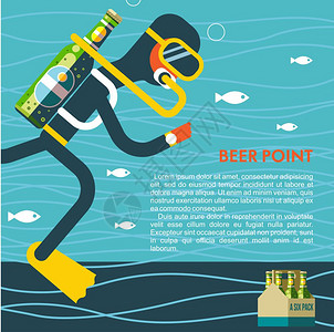 潜水员用瓶啤酒代替氧气趣的插图,为喜爱啤酒潜水与地方的文字图片