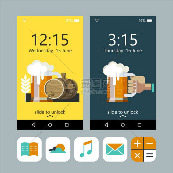 手机上的壁纸手里着杯啤酒,啤酒杯啤酒桶为您的手机矢量图标图片