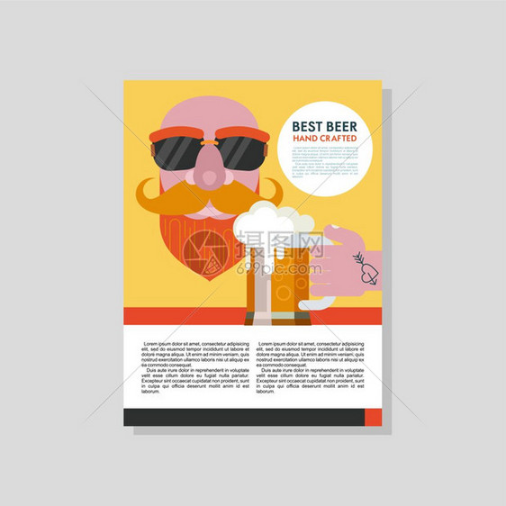 最好的啤酒手工制作个秃顶的男人,戴着太阳镜,手上着啤酒彩色矢量插图与文字的位置图片