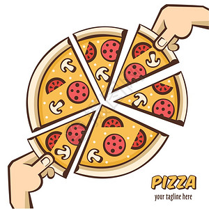 片热披萨,蘑菇香肠西红柿奶酪咖啡厅比萨饼店卡通风格的矢量插图图片