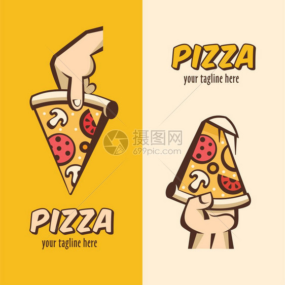 卡通风格矢量标识的收集意大利披萨片热披萨,蘑菇香肠西红柿奶酪图片