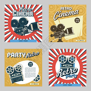 套四张海报矢量插图复古电影院复古派描绘了个老式的胶卷相机卷轴卷轴录音机图片