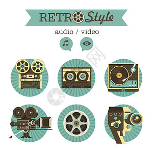 复古电影相机卷轴录音机,磁带盒,电影,留声机矢量图标,标图片