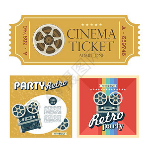 套复古海报与图像卷轴卷筒磁带与的文本老式电影票矢量插图背景图片