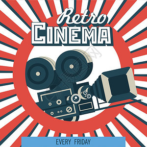 老式胶卷相机矢量海报复古电影院彩色背景上的矢量插图图片