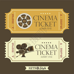 老式电影票复古电影院老式电影相机电影卷轴,矢量标志图片