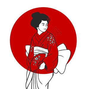 艺妓肖像插图日本艺妓传统服装肖像与红色太阳圈的背景矢量插图图片