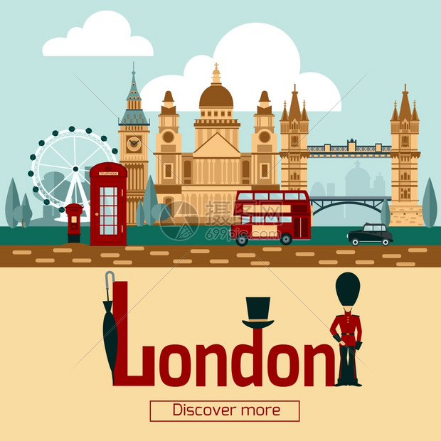 伦敦旅游海报与著名的地标符号平矢量插图伦敦旅游海报