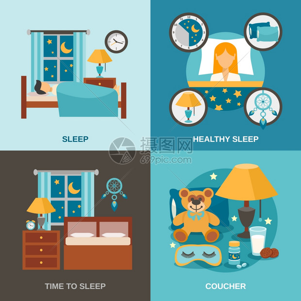 睡眠时间与卧室内部图标隔离矢量插图睡眠时间平淡图片