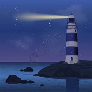 海岸岩石上的现实灯塔夜间矢量插图中夜灯塔图片