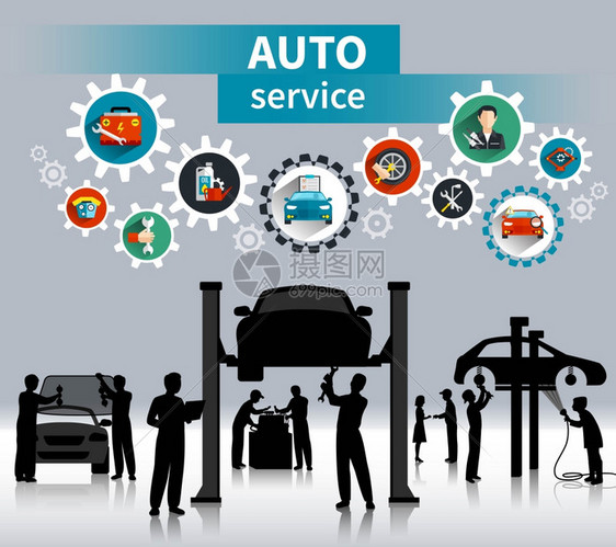 汽车服务背景自动服务背景与备件维护符号平阴影矢量插图图片