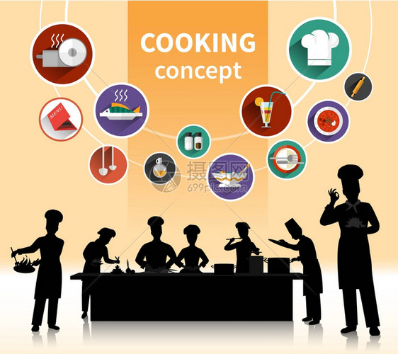 烹饪人的烹饪人的与食品成分菜单符号阴影平孤立矢量插图图片