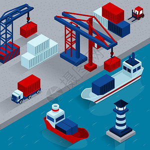 海港货物装载等距海港货物装载等距与工作港口设施矢量图图片