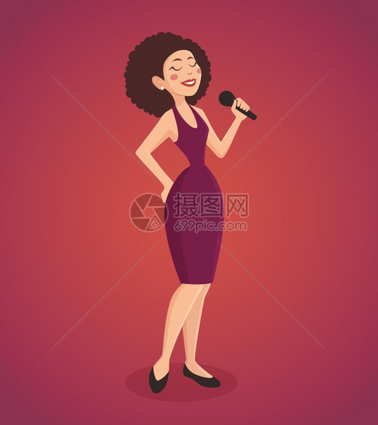 歌手女插图歌手女人穿着连衣裙,用麦克风卡通矢量插图唱首歌图片
