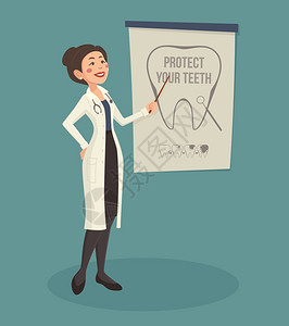 医生扬声器插图女医生扬声器与牙科海报指针卡通矢量插图图片