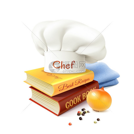 厨师烹饪厨师烹饪现实的与烹饪书籍,帽子洋葱矢量插图图片