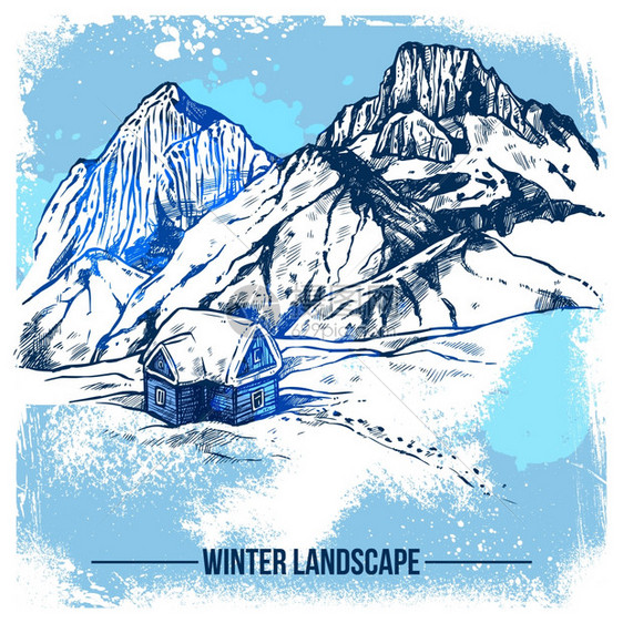 冬天山上的素描房子冬季景观草图与偏远的房子雪荒野山脉背景矢量插图图片