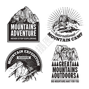 旅游标志标签登山旅游冒险旅行社4黑色标签标志收集抽象孤立矢量插图图片