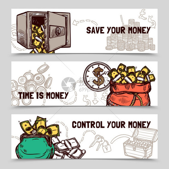 时间管理财务横幅涂鸦控制省钱与时间管理3横向财务横幅涂鸦抽象向量孤立插图图片