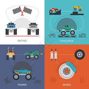 怪物卡车集与赛车挑战平图标孤立矢量插图怪物卡车图片