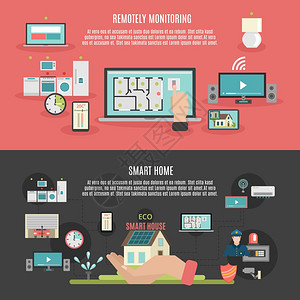 智能家居2平横幅海报智能家居物联网远程控制监控2平横幅孤立抽象矢量插图图片