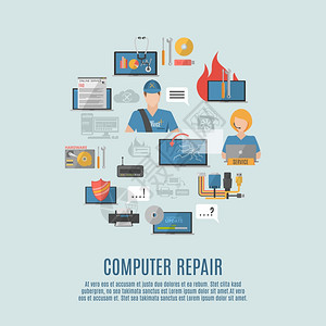 计算机修复平图标构图海报计算机修复维护互联网安全服务平图标成海报与防病屏蔽抽象矢量插图图片