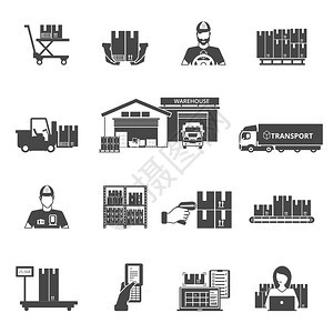 存储图标存储物流黑白图标运输排序符号平隔离矢量插图图片
