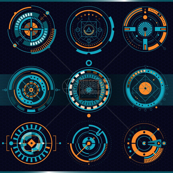 触摸HUD接口集触摸HUD圆接口集与高科技平孤立矢量插图图片