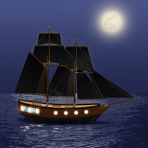 老式船与黑色帆夜间海背景矢量插图夜海背景图片