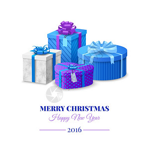 诞明信片与彩色蓝色礼品盒矢量插图五颜六色的礼品盒图片
