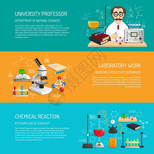 科学横幅水平与大学教授实验室工作现实元素孤立矢量插图科学横着图片