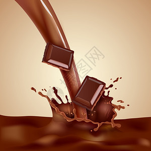 巧克力牛奶插图甜巧克力牛奶与巧克力碎片飞溅的现实矢量插图图片