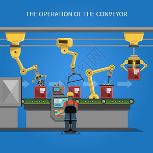 机器人操作背景机器人操作的输送机与传送带上的蓝色背景平矢量插图图片