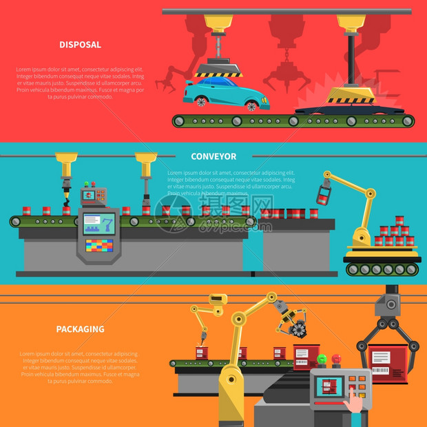 机器人横幅机器人水平横幅处置输送机包装符号平隔离矢量插图图片