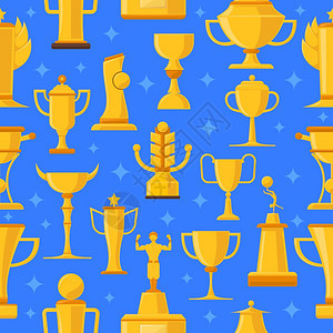 奖项杯子无缝插图奖项杯子赢得比赛的蓝色背景,无缝平孤立矢量插图图片