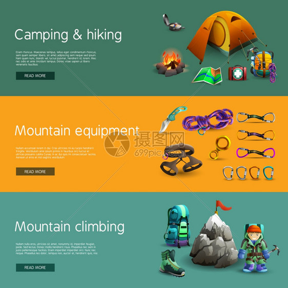 攀岩互动三维横幅高山登山野营徒步旅行设备互动网站3D水平横幅抽象孤立矢量插图图片