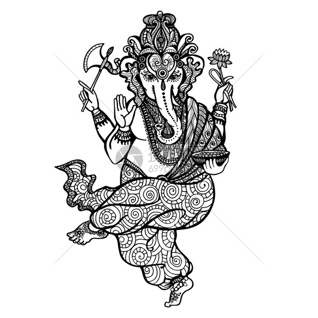 舞蹈印度教神ganesha手画装饰矢量插图跳舞的ganesha图标