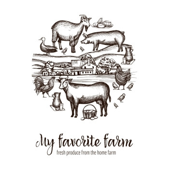 农贸市场海报上手绘牲畜食品村庄背景矢量插图农贸市场海报图片