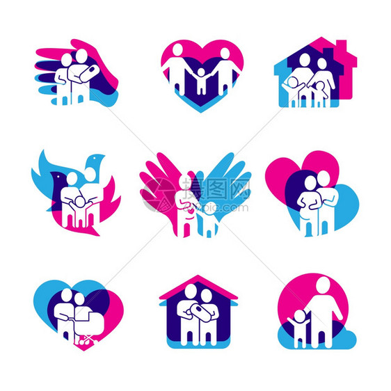 家庭标志集家庭标志与家庭爱与平符号平孤立矢量插图图片