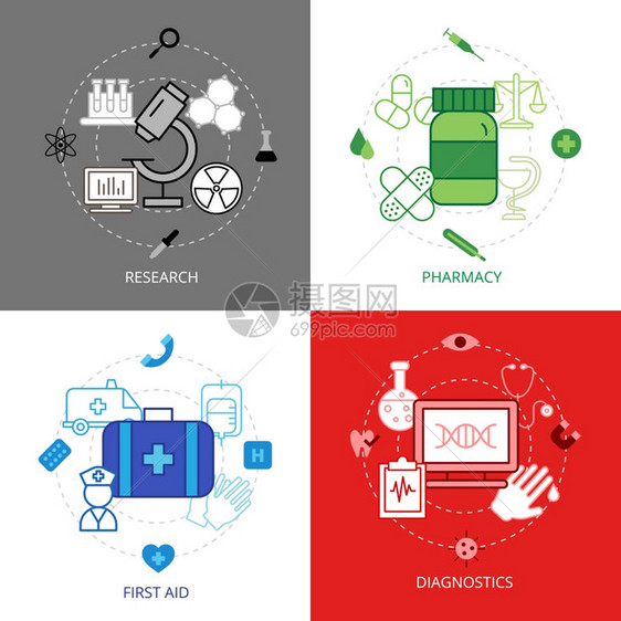 医疗图标医学线图标与研究急救诊断药房符号平孤立矢量插图图片
