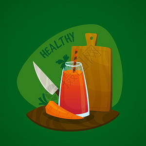 胡萝卜汁的与璃新鲜果汁胡萝卜刀厨房板矢量插图图片