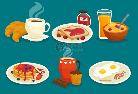 早餐卡通图标轻早餐图标制作的卡通风格矢量插图图片