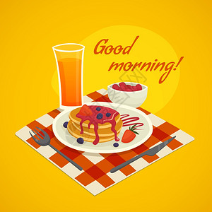 早餐理念与早安愿望早餐与杯橙汁盘煎饼早上好许愿矢量插图图片