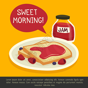 早餐与甜蜜的早晨评论早餐与烤盘果酱甜蜜的早晨备注矢量插图图片