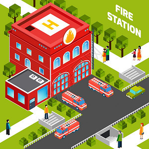 消防部门建筑等距消防部门建筑的与消防车人人行道等距矢量插图图片