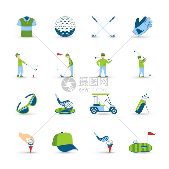 高尔夫图标高尔夫图标球草设备符号平孤立矢量插图图片
